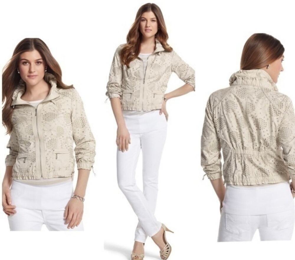 White House Black Market Beige Eyelet Jacket 8 WHBM